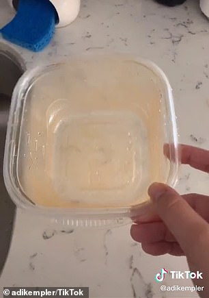 BEFORE: A woman has shared her simple hack to remove oily stains from plastic containers - and it will only take you one minute, with no scrubbing required