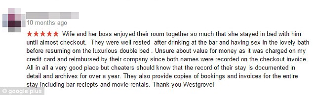 The scorned husband left this review of the Westgrove Hotel in Clane, Ireland, after alleging his wife conducted an affair with her boss there