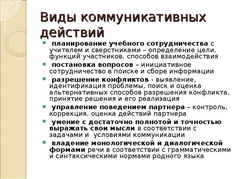 Цели коммуникативного воздействия. Виды коммуникативных действий. Способы коммуникативного воздействия. Типы коммуникативного воздействия. Планирование учебного сотрудничества с учителем и сверстниками это.