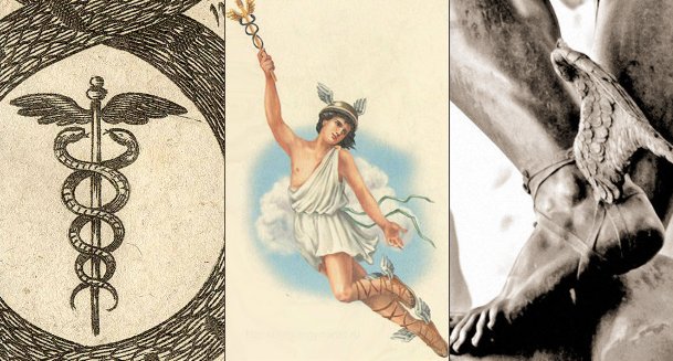 Бог воздушной стихии &amp;mdash; Меркурий и его атрибуты: кадуцей и летучие сандалии с крылышками.