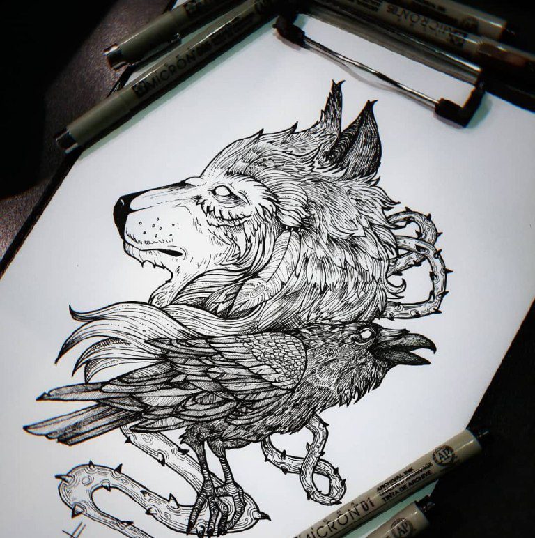 Эскиз волк и ворон