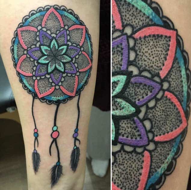 colorful dreamcatcher arm tattoo