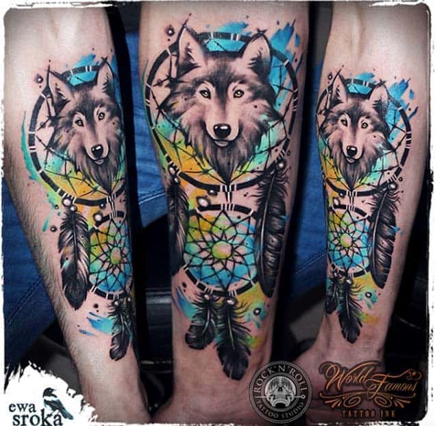 Watercolor Wolf Dreamcatcher Tattoo