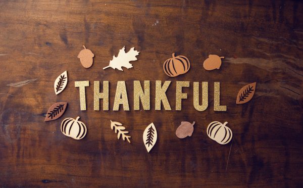 the word thankful surrounded by symbols of leaves and acorns
