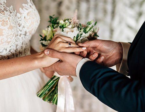 ring exchange wording groom and bride wearing ring